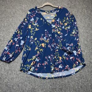Two by Vince Camuto Ladies V-Neck Long Sleeve Blouse Blue Floral Womens 2XL